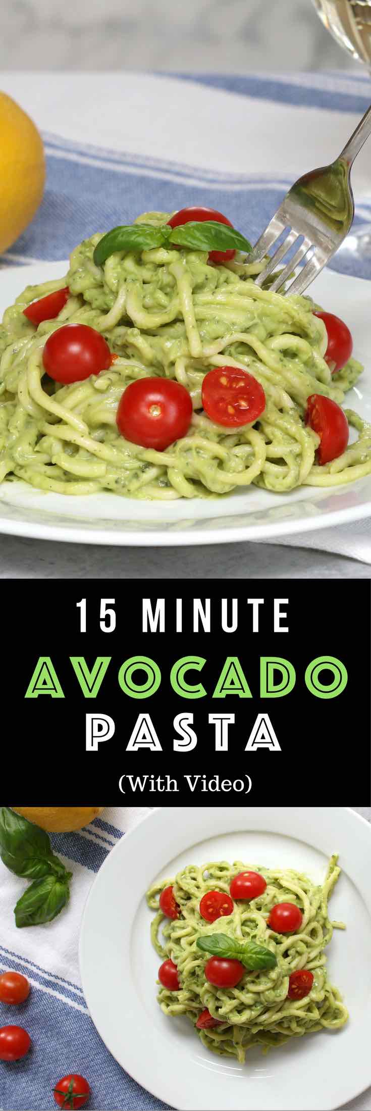 Easy, healthy, and on the table in about 15 minutes! Creamy Avocado Pasta is the easiest and best avocado sauce pasta. All you need is a few simple ingredients: spaghetti, ripe avocados peeled and halved, fresh basil leaves, lemon, salt and pepper, olive oil and cherry tomatoes. Quick and easy lunch or dinner recipe. Eat without guilt. Vegetarian. Video recipe. | Tipbuzz.com