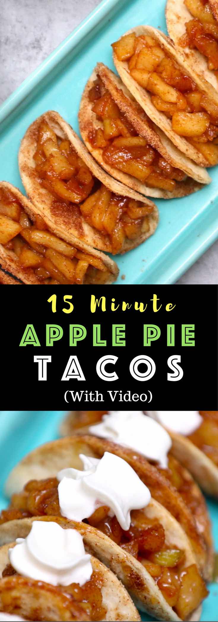 Baked Apple Pie Tacos – delicious cinnamon sugary apple filling in a crispy and sweet taco, drizzled with caramel sauce, and then topped with whipped cream! This easy apple dessert comes together in 20 minutes with a few simple ingredients: Flour Tortillas, butter, cinnamon, sugar, apples, lemon, caramel sauce and whipped cream. Perfect for parties, potlucks and holidays including Thanksgiving. #applepie