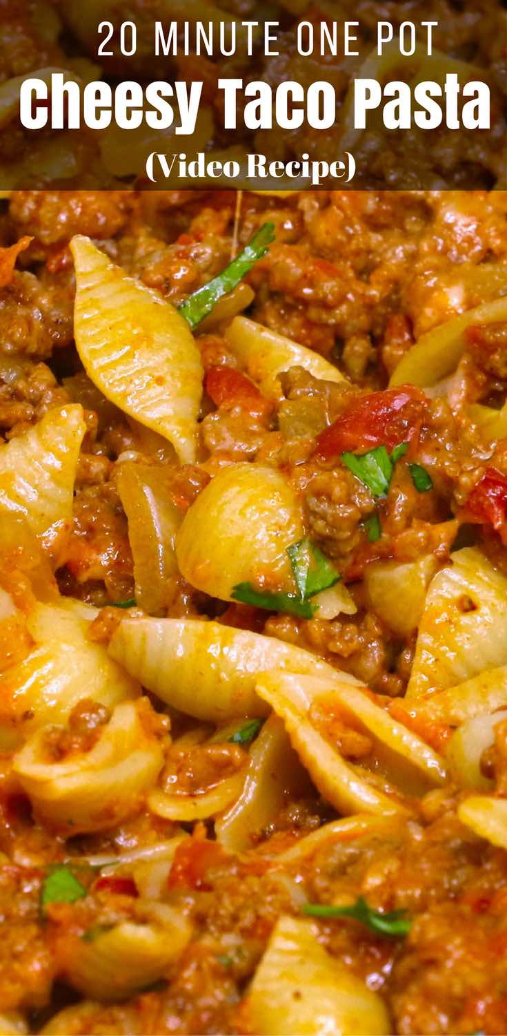One-pot Cheesy Taco Pasta – One of the easiest quick dinner recipes. It’s loaded with ground beef and shredded cheddar cheese. So delicious. This simple and easy recipe comes together in 20 minutes. Quick and easy recipe. Video recipe. 