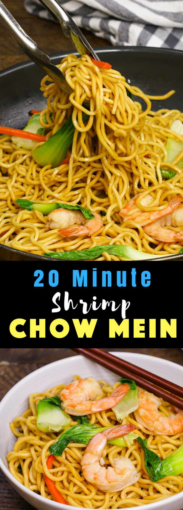 Shrimp Chow Mein is loaded with delicious shrimp, vegetables and fried noodles. This Chinese dish makes a quick and easy weeknight dinner idea! #ShrimpRecipe #ChowMein #ShrimpChowMein