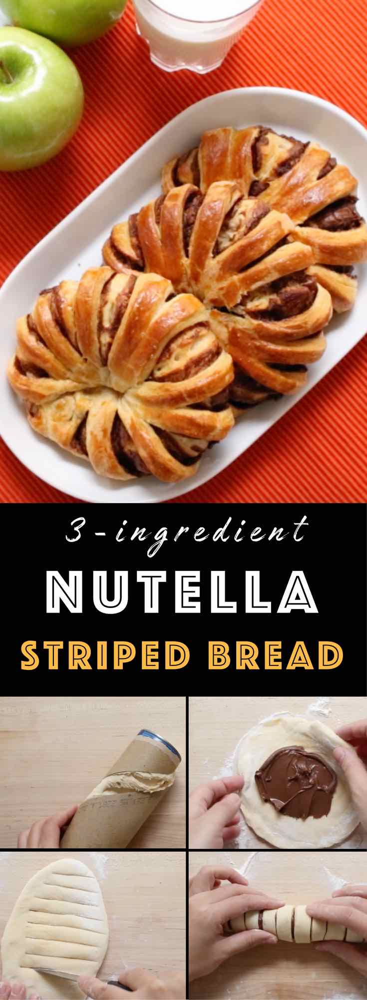 Braided Nutella Bread combines swirls of chocolatey Nutella into dough for a mouthwatering bread the entire family will love! Make it for breakfast, brunch, snacks, parties and more. Just 3 ingredients for easy preparation. #nutellabread 