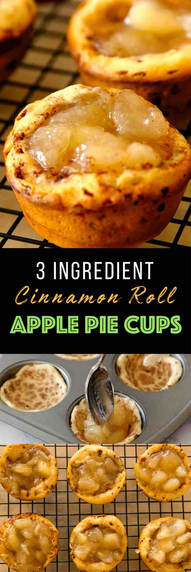 Cinnamon Roll Apple Pie Cups – warm and delicious apple pie filling cooked in cinnamon sugary cinnamon roll cups in a muffin tin. The Easiest dessert that comes together in 20 minutes! Only 3 Ingredients: Cinnamon roll package, apple pie filling and icing. Quick and easy recipe, party desserts. Vegetarian. Video recipe. | Tipbuzz.com