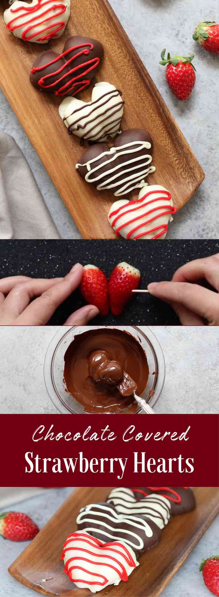 Chocolate Covered Strawberries – The easiest and most beautiful homemade gifts around! It takes 30 minutes to make and taste absolutely heavenly. Fresh and juicy strawberries are cut in half, making the heart shapes, then covered with gourmet semisweet or white chocolate. Decorate them with red decorating gel and melted chocolate. Just 4 ingredients are all you need! So good! Quick and easy recipe, no bake dessert, valentine’s recipe, mother’s day recipe. Video recipe. | Tipbuzz.com