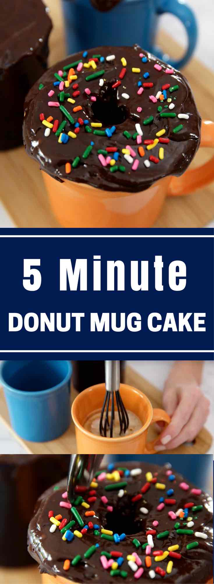 5 Minute Donut Mug Cake – A creamy, fluffy, delicious cake in a mug, ready in 5 minutes. It only requires a few simple ingredients: flour, sugar, baking powder, oil, milk, vanilla, chocolate chips, cream and nutmeg. So good and easy to make for the perfect dessert or snack. No bake. Vegetarian. Video recipe. | tipbuzz.com