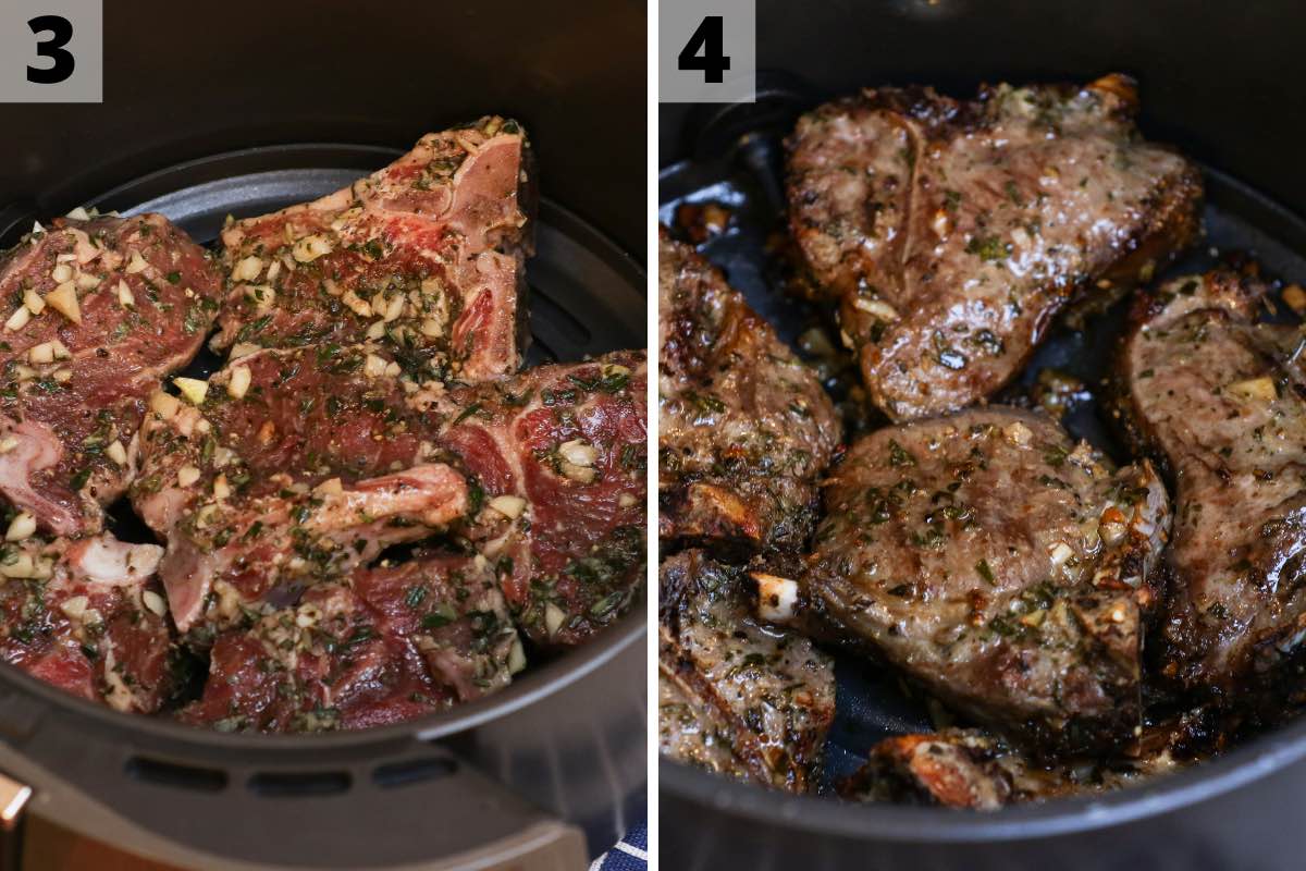 Air fryer lamb chops recipe: step 3 and 4 photos. Adding lamb chops to the air fryer basket and bake them. 