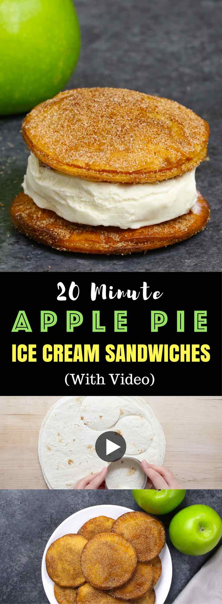 Super easy Apple Pie Ice Cream Sandwiches - Delicious cinnamon sugary apple pie with ice cream in between. A super easy recipe using flour tortillas and comes together in no time! All you need is a few simple ingredients: Flour Tortillas, butter, cinnamon, sugar, apples, lemon, egg and ice cream. Quick and easy recipe. Great for party dessert and holiday brunches. Video recipe. | Tipbuzz.com