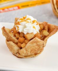 These Apple Pie Tortilla Cups are a deliciously easy dessert you can make in 15 minutes using TortillaLand uncooked flour tortillas.