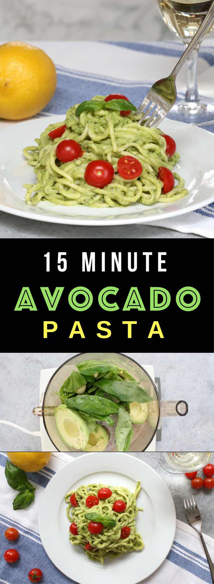 Easy, healthy, and on the table in about 15 minutes! Creamy Avocado Pasta is the easiest and best avocado sauce pasta. All you need is a few simple ingredients: spaghetti, ripe avocados peeled and halved, fresh basil leaves, lemon, salt and pepper, olive oil and cherry tomatoes. Quick and easy lunch or dinner recipe. Eat without guilt. Vegetarian. Video recipe. 