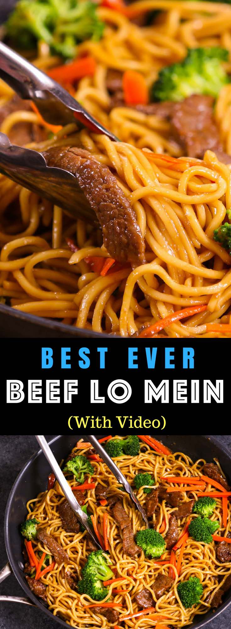 This Garlic Beef Lo Mein is a quick and easy version of classic Chinese dish. It’s so much better than takeout and seriously irresistible with tangy garlic and soy sauce flavors, the perfect weeknight dinner idea you can make in 20 minutes! All you need is only a few ingredients: flank steak, lo mein noodles, garlic, carrots, broccoli, sesame oil, soy sauce, hoisin sauce, ginger and brown sugar. Video recipe. width=