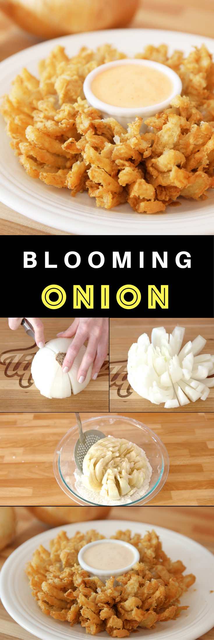 Blooming Onion – Crispy, batter-fried onions that resemble flower pedals at Outback Steakhouse! This is an easy and impressive looking appetizer that’s great to share. All you need is a few simple ingredients. Follow this video recipe on how to slice and fry a blooming onion. | Quick and easy recipe, vegetarian. Party appetizer. Video recipe | Tipbuzz.com 