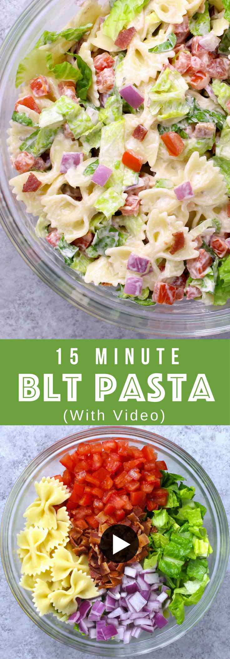 Easy BLT Pasta Salad – Ready in 15 minutes and a guaranteed hit with the pasta and vegetables coated in creamy dressing. All you need is some simple ingredients: Farfalle pasta, lettuce, tomatoes, red onion, mayonnaise, ranch dressing, yogurt and pepper. So yummy! Perfect for a summer time party or a picnic. Quick and easy recipe. Lunch or side dish. Video recipe. Tipbuzz.com