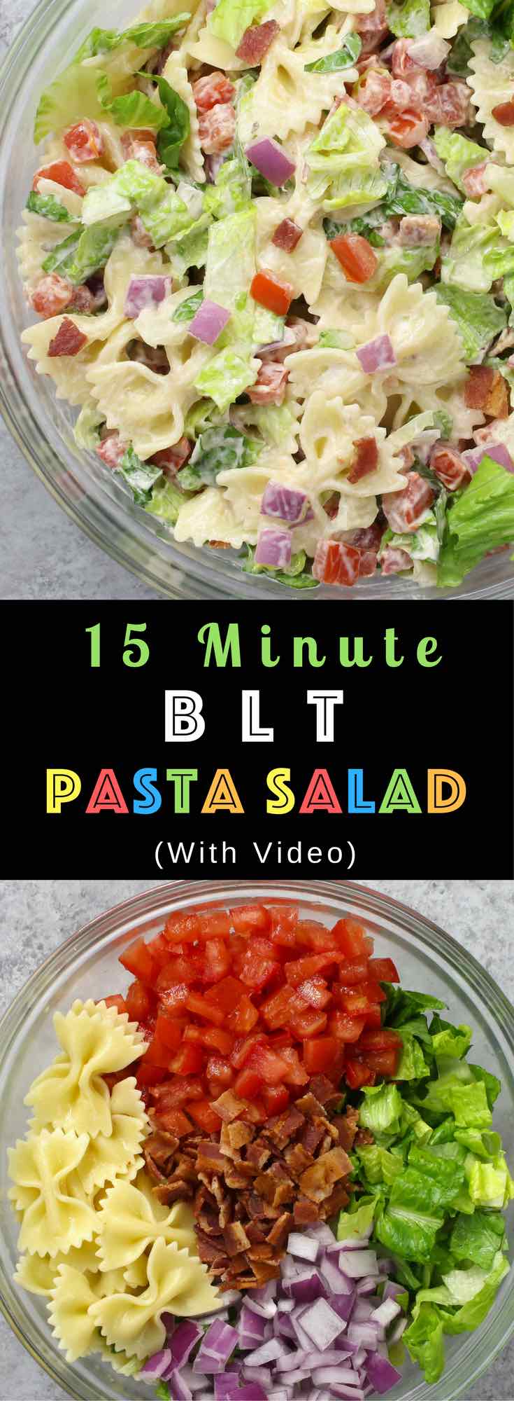 Easy BLT Pasta Salad – Ready in 15 minutes and a guaranteed hit with the pasta and vegetables coated in creamy dressing. All you need is some simple ingredients: Farfalle pasta, lettuce, tomatoes, red onion, mayonnaise, ranch dressing, yogurt and pepper. So yummy! Perfect for a summer time party or a picnic. Quick and easy recipe. Lunch or side dish. Video recipe. Tipbuzz.com