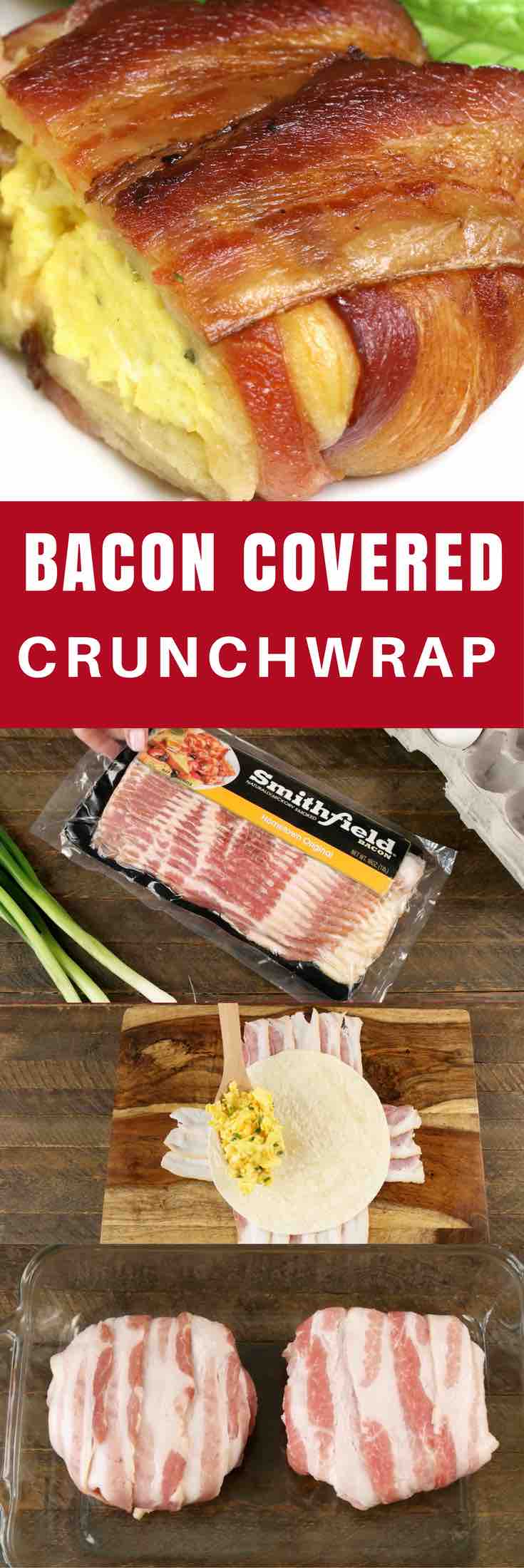 Bacon Covered Crunchwraps – A quick and easy meal with loaded scrambled egg crunchwraps and wrapped with bacon. Only a few ingredients needed for this delicious recipe: Smithfield bacon, eggs, cheddar cheese, flour tortilla, green onions, salt and pepper. This recipe makes a great breakfast, brunch, lunch, or a snack! SmithfieldBrunch AD.