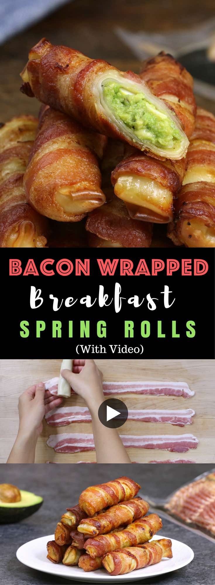 Bacon-wrapped Spring Rolls – filled with avocado, eggs, red onion, jalapeno, salt and pepper and wrapped in bacon, then baked until crispy. Easy to make for breakfast or brunch and great as a grab-and-go option for busy weekday mornings. Video recipe. AD