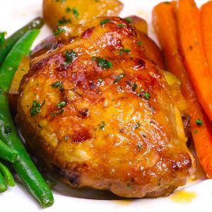 Baked honey garlic chicken with carrots, green beans and potatoes