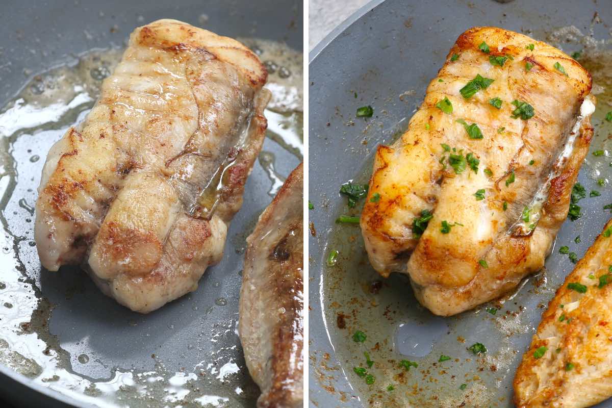 Monkfish in an ovenproof pan before and after the oven finish