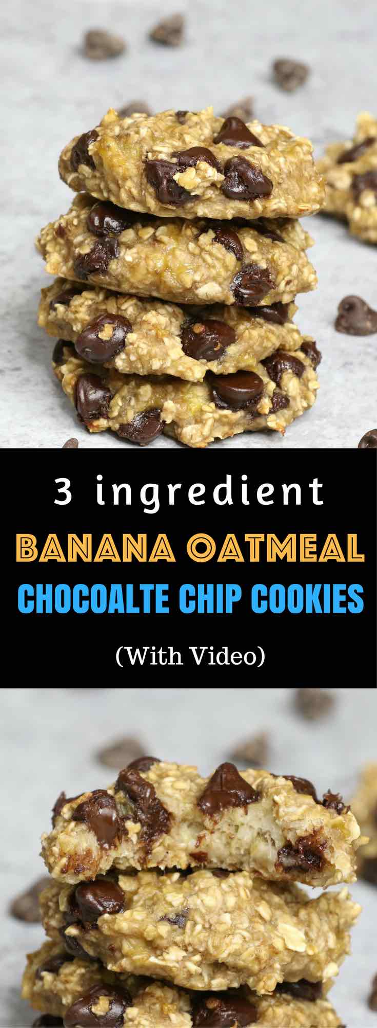 Banana Oatmeal Chocolate Chip Cookies – Soft, chewy, and super easy cookies. All you need is only 3 ingredients: two ripe bananas, some oats and a handful of chocolate chips. Gluten-free, dairy-free, quick and easy recipe. Vegetarian. Video Recipe.