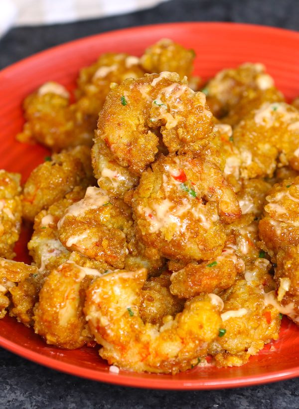 Bang Bang Shrimp - this photo is a closeup of this dish served as an appetizer on a plate