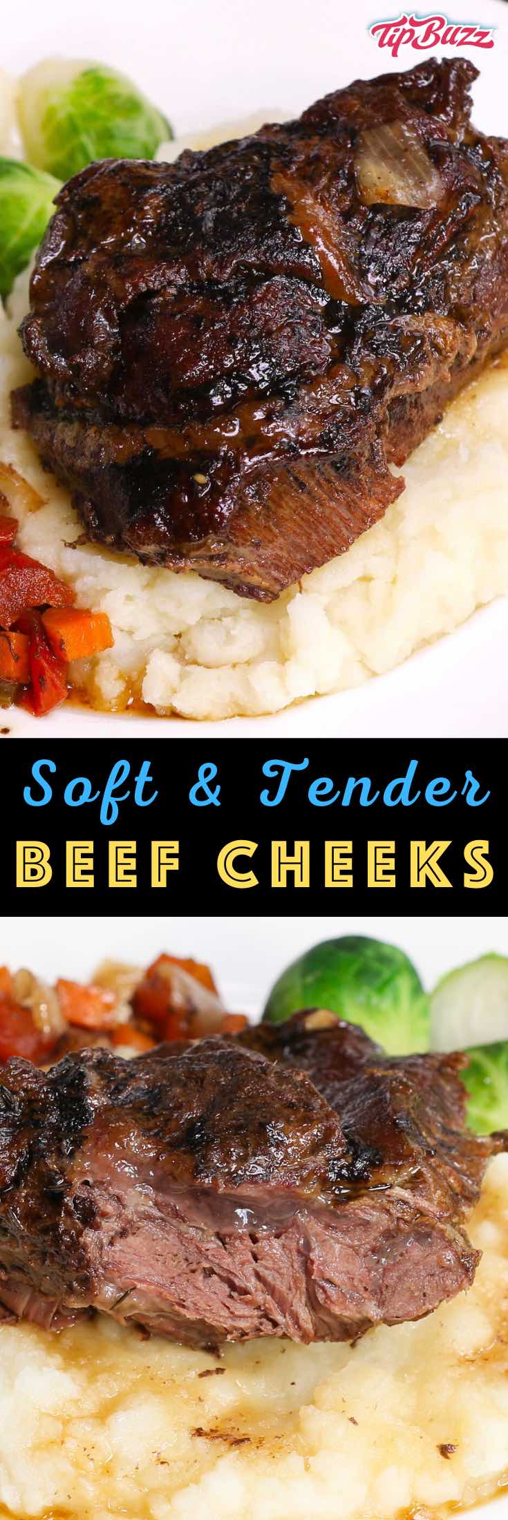 Braised Beef Cheeks in the slow cooker melt in your mouth with juicy beef flavors. Serve them on top of mashed potatoes for a delicious dinner that everyone will love, kids included. #beefcheeks