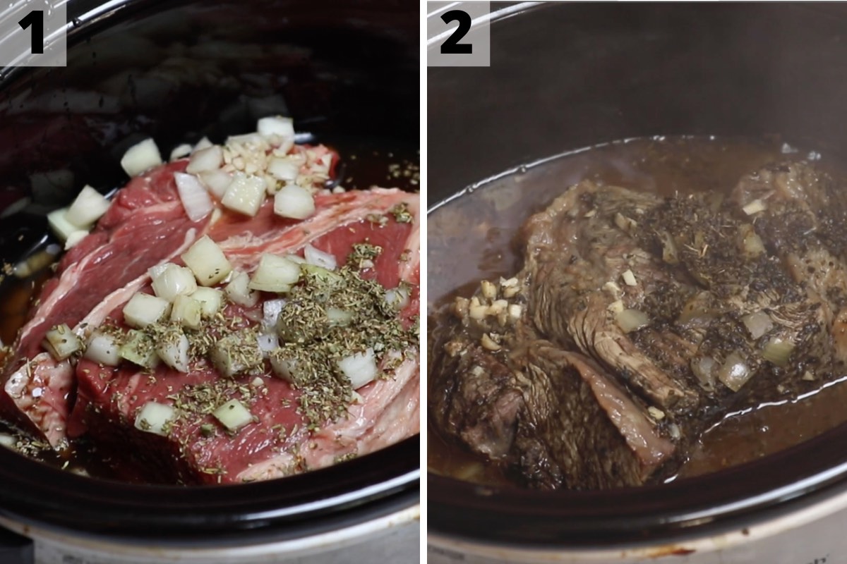 Preparing crock pot beef noodles by placing the ingredients in the slow cooker and simmering