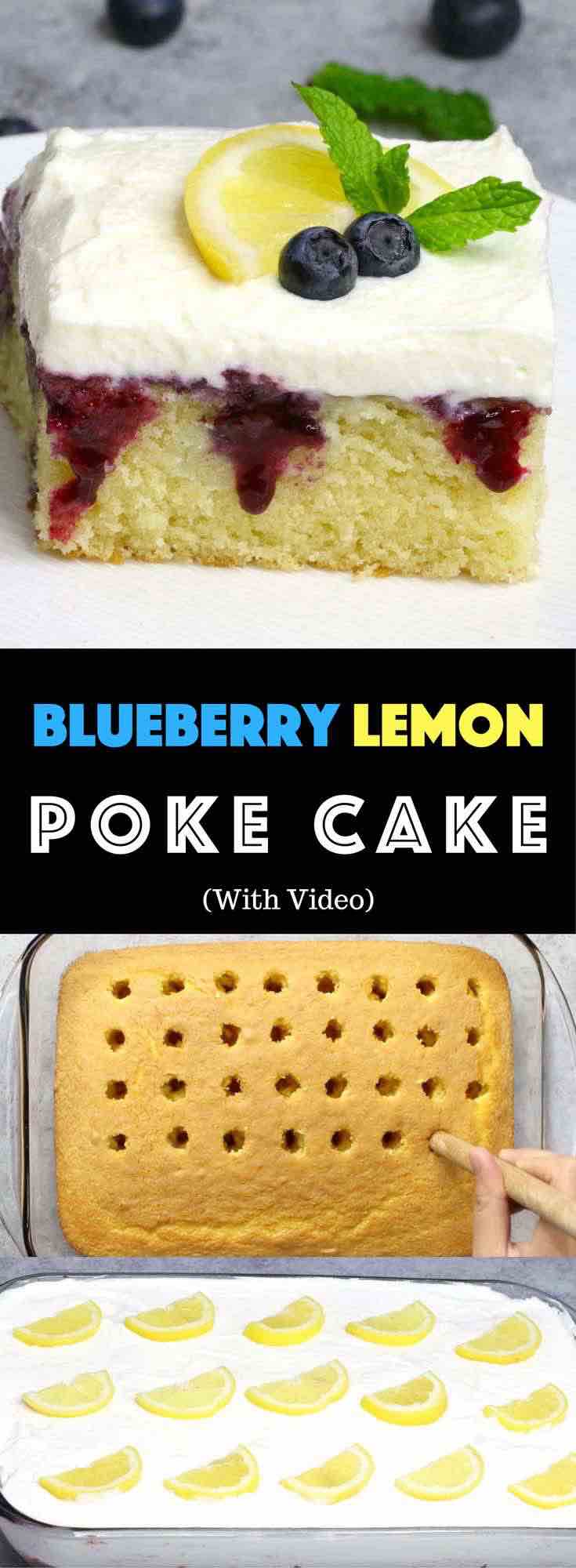 This Lemon Blueberry Poke Cake is bursting with the taste of fresh citrus and berries on a moist yellow cake! It's the perfect make-ahead dessert for summer parties and potlucks! #pokecake