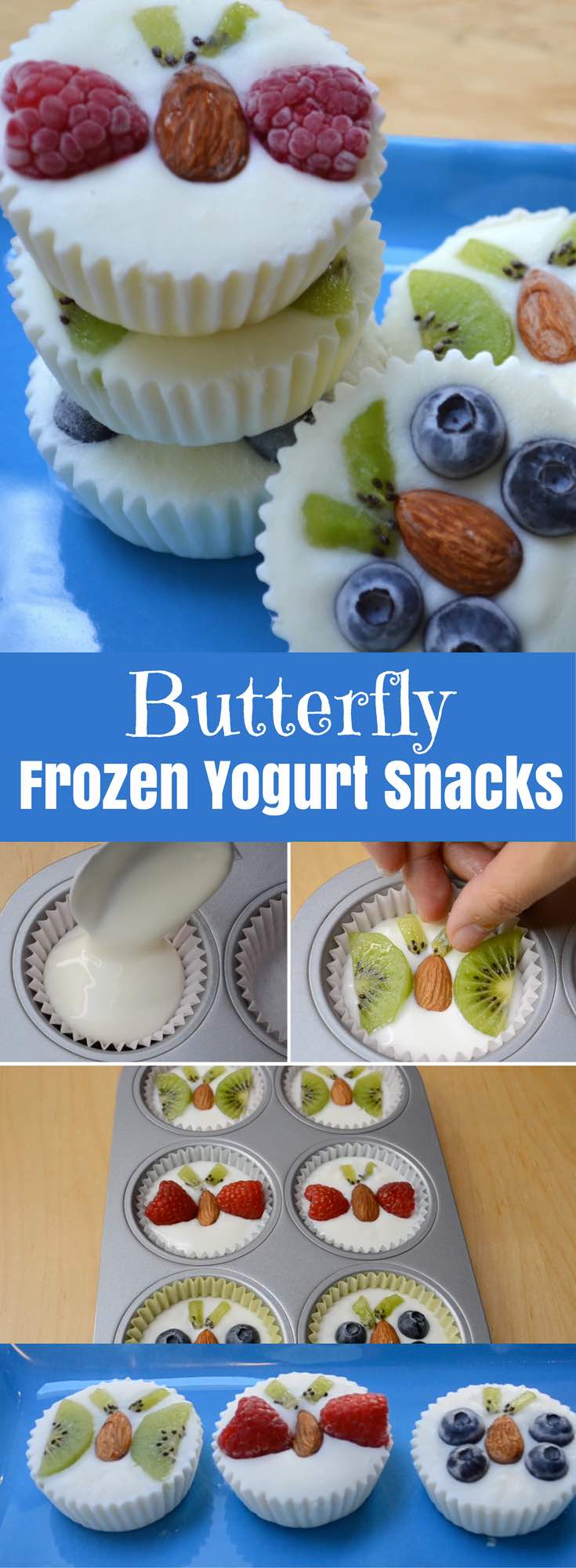 Healthy Fruity Frozen Yogurt Snacks – An easy and refreshing dessert that’s good for you. A fun way to enjoy FroYo! These creamy frozen yogurt bites come with fruits shaped into butterflies. All you need is your favorite yogurt, some fruits and almonds. So delicious and so fun! Quick and easy recipe. Kids friendly. Video recipe. | Tipbuzz.com