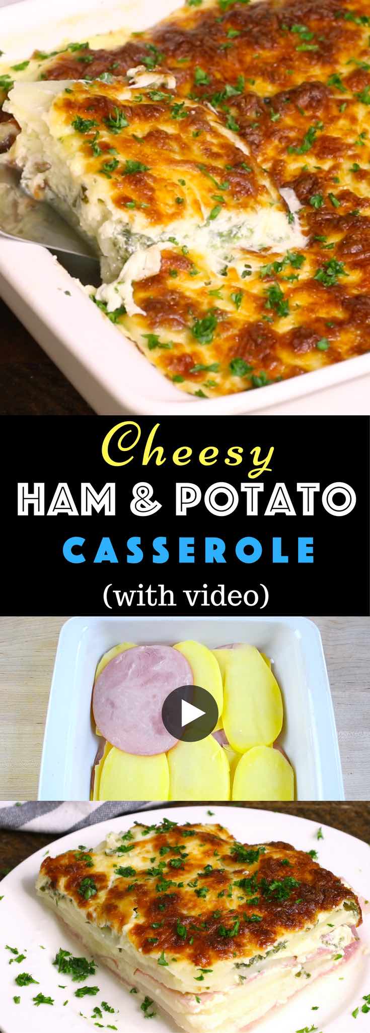 This Layered Ham and Potato Casserole is a delicious main course dish that fills the house with an amazing aroma. It features a golden crust on top as the cheese browns in the oven. Underneath there are layers of ham, potatoes and swiss cheese with eggs, milk and parsley for gastronomic perfection. Easy Dinner. Video recipe. | Tipbuzz.com