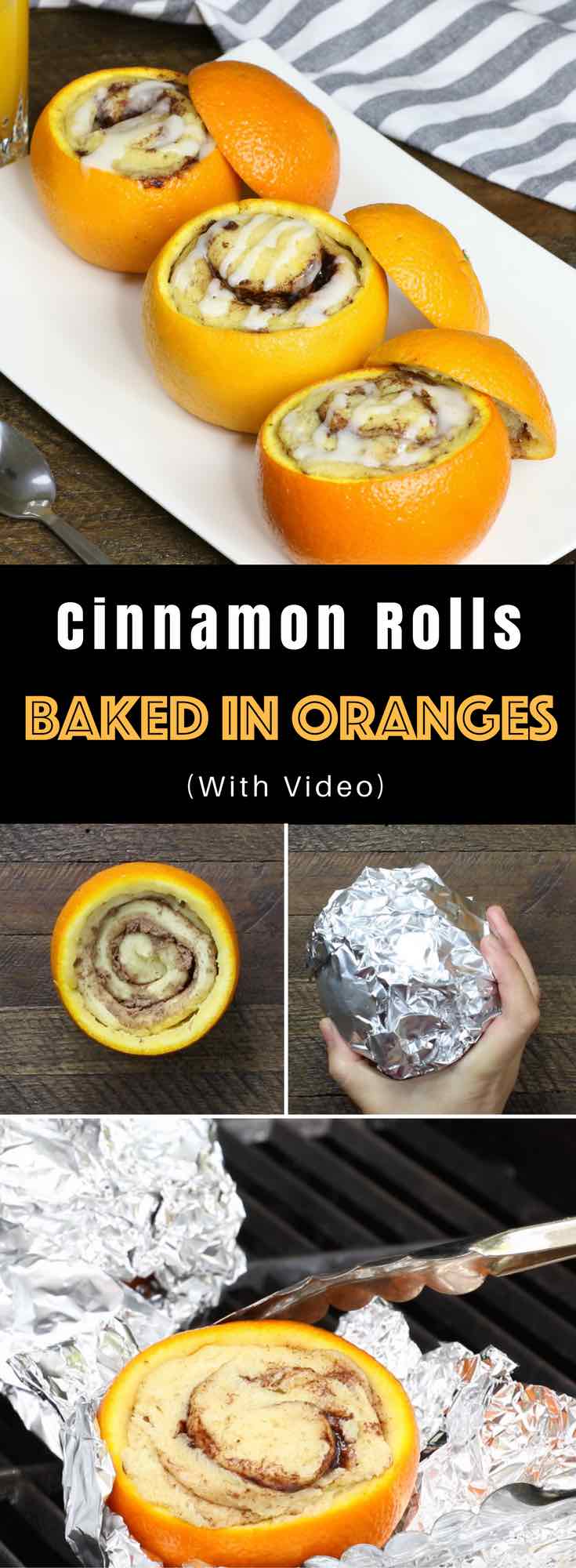 Cinnamon Rolls Baked In Oranges – A perfect easy recipe for campfire or grill. The oranges keep the cinnamon rolls extra moist. All you need is only 2 ingredients: refrigerated cinnamon rolls and oranges! So good! Quick and easy recipe. Video recipe. | Tipbuzz.com