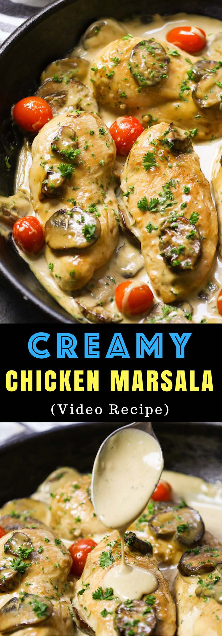 Creamy Chicken Marsala is a surprisingly easy weeknight dinner idea that will tantalize your taste buds with juicy chicken breasts in a creamy mushroom sauce flavored with marsala wine. And it's ready in under 30 minutes. Plus video tutorial!