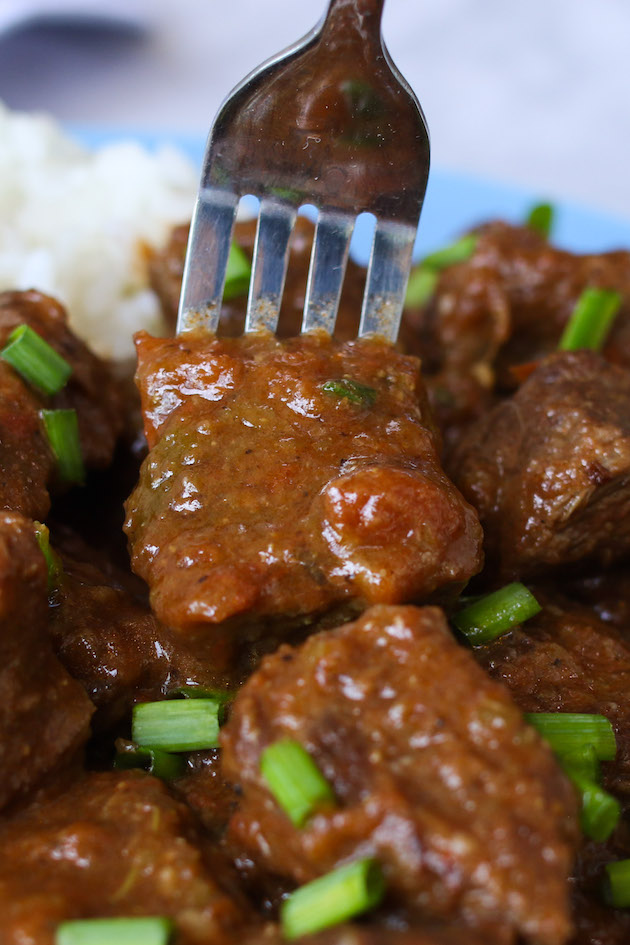 Closeup of carne de res guisada with a fork picking up a piece off a plate