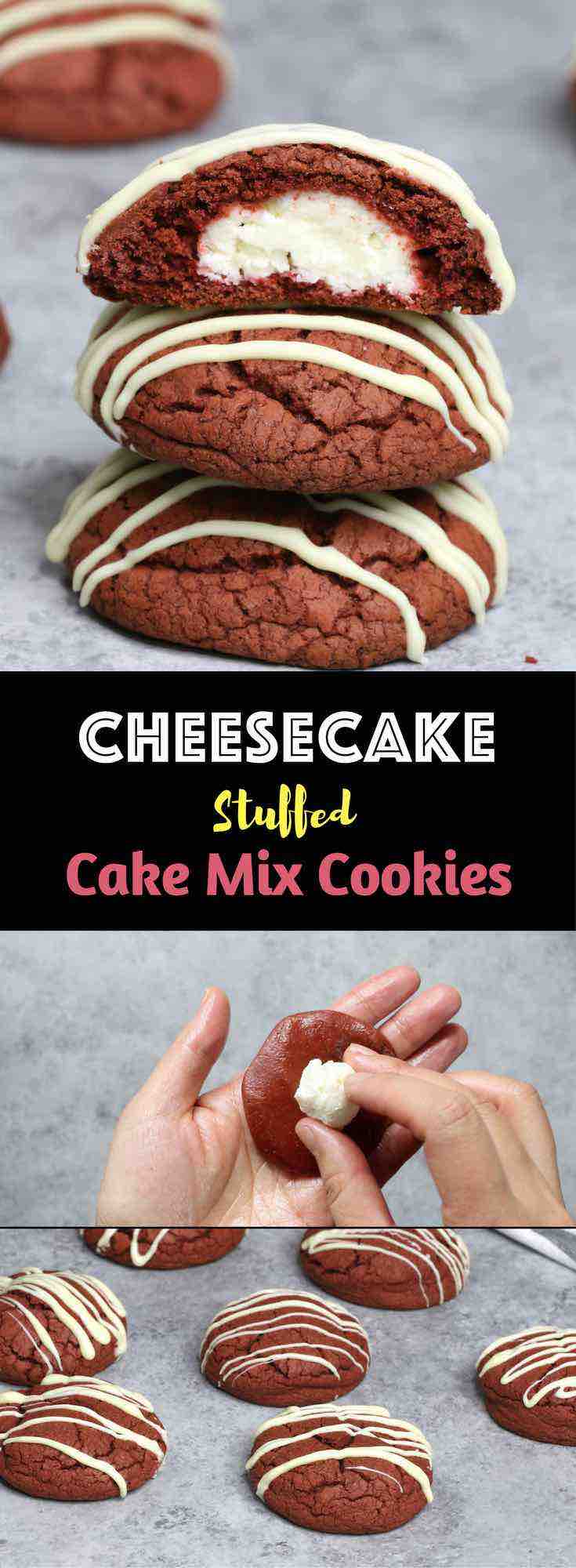Easy Cheesecake Stuffed Cake Mix Cookies - Soft and chewy delicious cookies are made of red velvet cake mix! Cheesecake is stuffed in these cookies and you will have all your favorite flavors in bite! All you need is a few simple ingredients: Red Velvet cake mix, cream cheese, white chocolate, powdered sugar, flour, egg and oil! So Good! Home made gift recipes. Mother’s Day recipe. Vegetarian. Video recipe. 