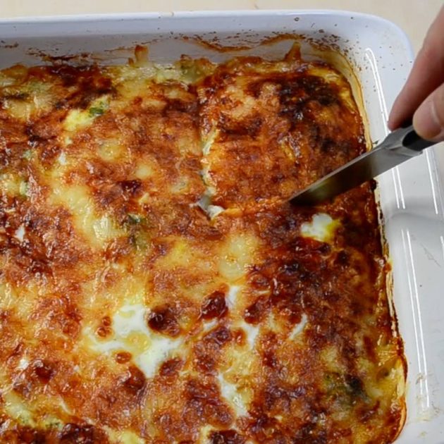 Ham and Potato Casserole in a casserole pan