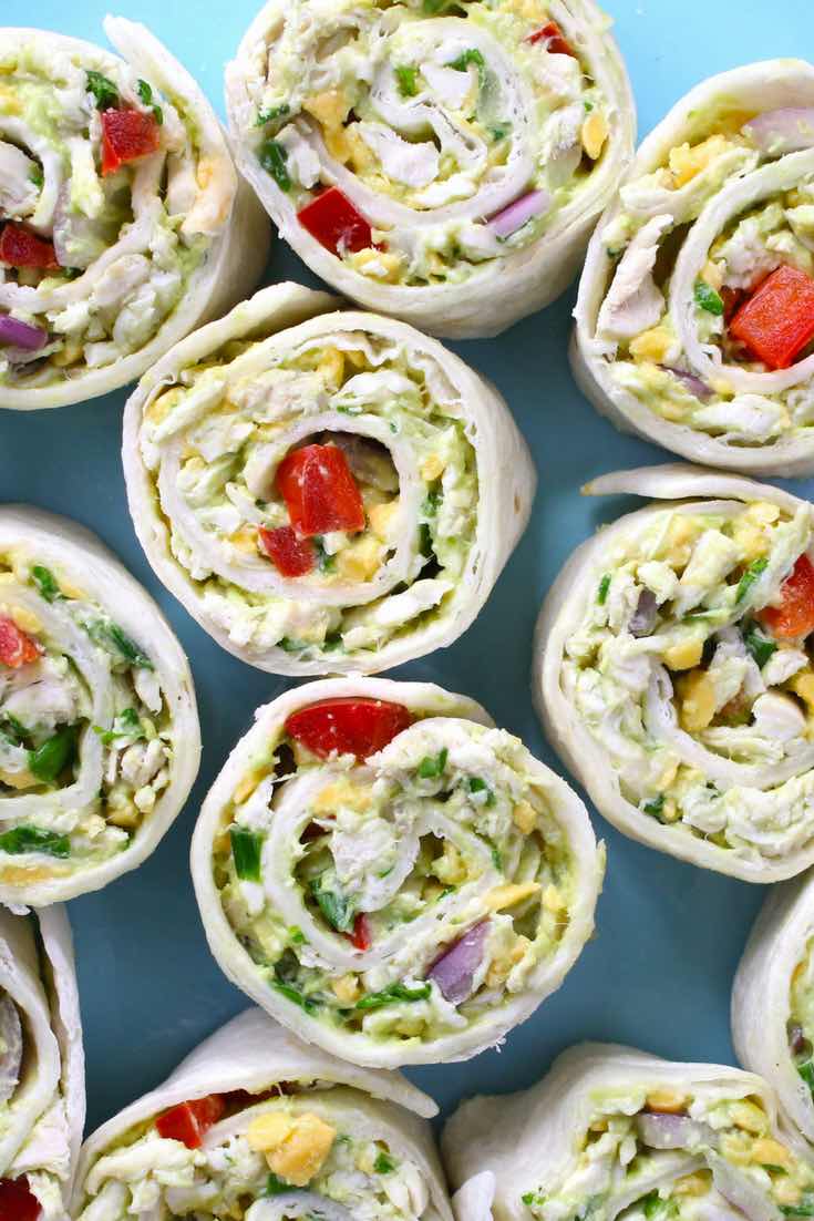 Chicken avocado roll ups on a serving plate