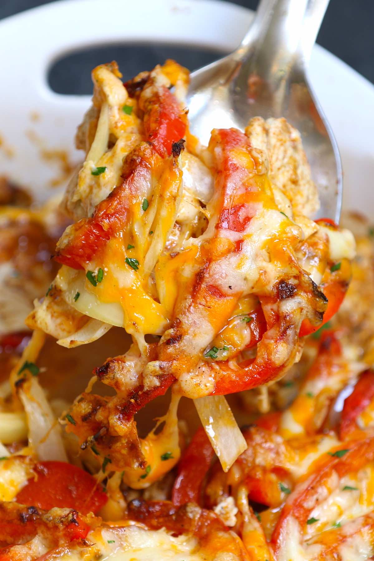 Serving a fajita casserole out of a baking dish