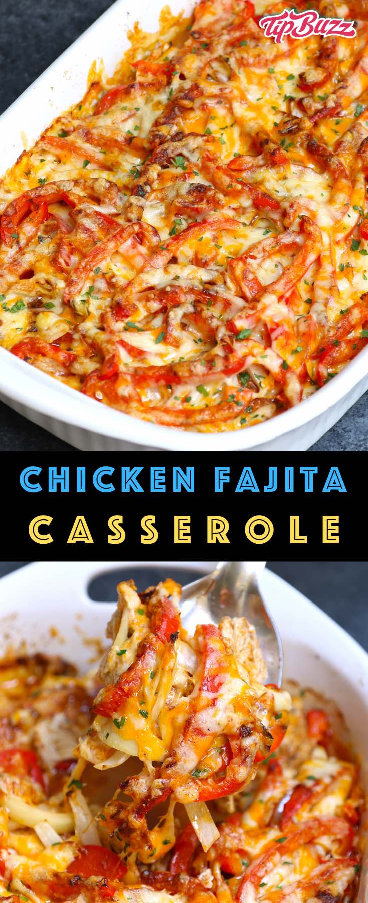 Chicken Fajita Casserole made with chicken, onions and bell peppers, fajita seasonings and topped with melted cheese. An easy Tex Mex dinner idea that's ready in 30 minutes with mouthwatering Meican fajita flavors! #fajitacasserole #chickenfajitacasserole