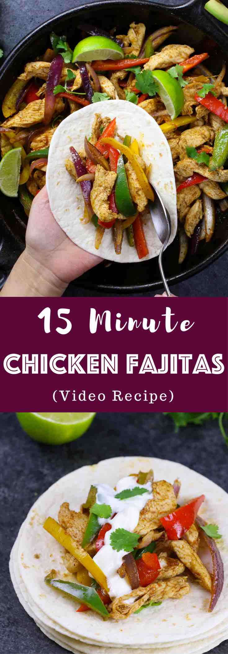 Easy Chicken Fajitas - juicy chicken, seared bell peppers and onions with flavorful fajita seasonings, all wrapped in a flour tortilla. It's like restaurant-style fajitas but even better!