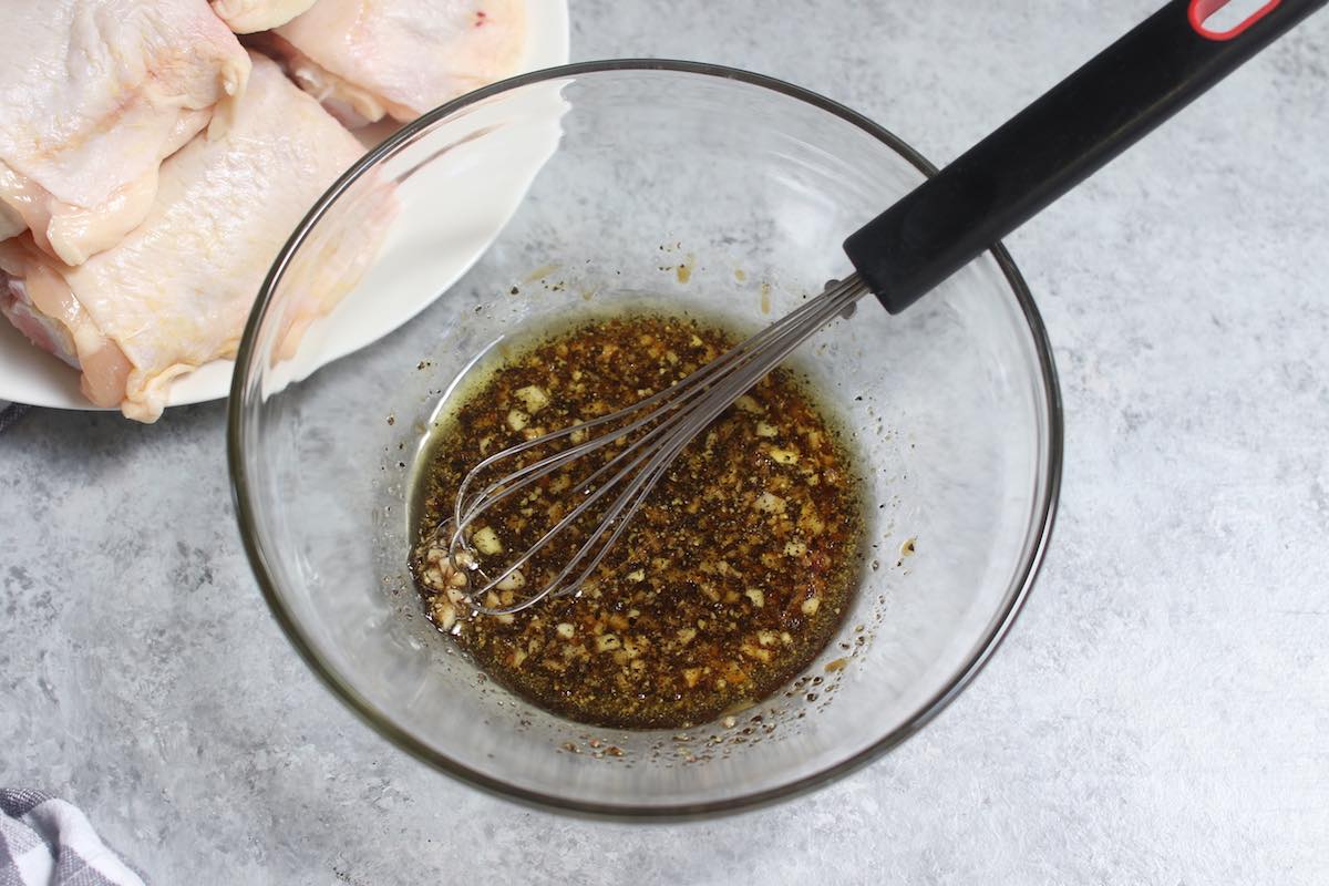 Whisk together marinade ingredients in a clear bowl.