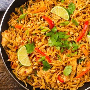 This Pad Thai is a favorite Thai noodle dish that’s sweet and nutty, balanced with salty and spicy accents. Chicken Pad Thai is the perfect meal for a week day dinner that comes together in less than 20 minutes.