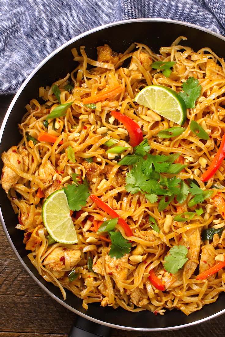 The easiest, most unbelievably delicious Chicken Pad Thai is full of authentic favors and so much better than take outs. And it’ll be on your dinner table in just 20 minutes. One of the best Asian dinner ideas! A perfect easy weeknight meal. Quick and easy dinner recipe. Video recipe. 