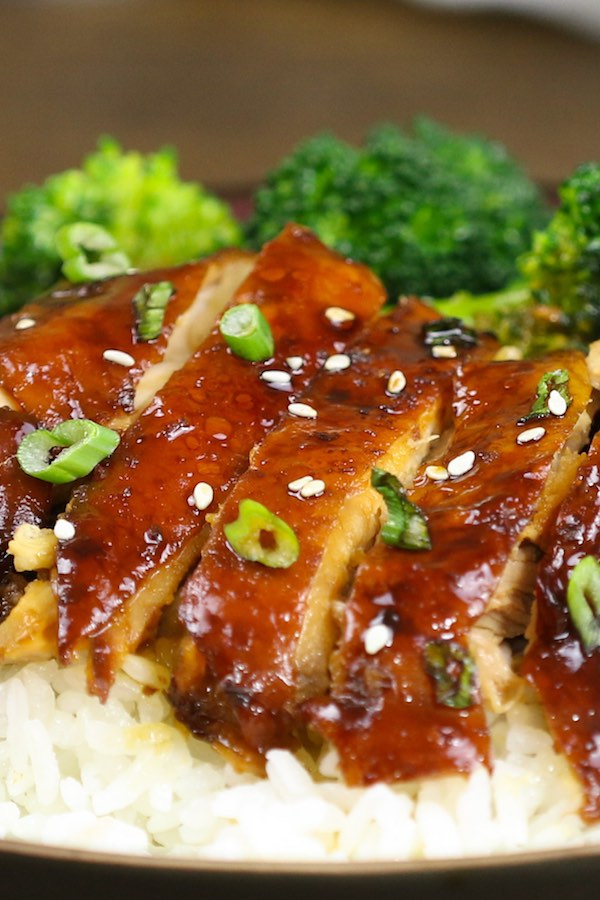 Chicken Teriyaki in a rice bowl with broccoli