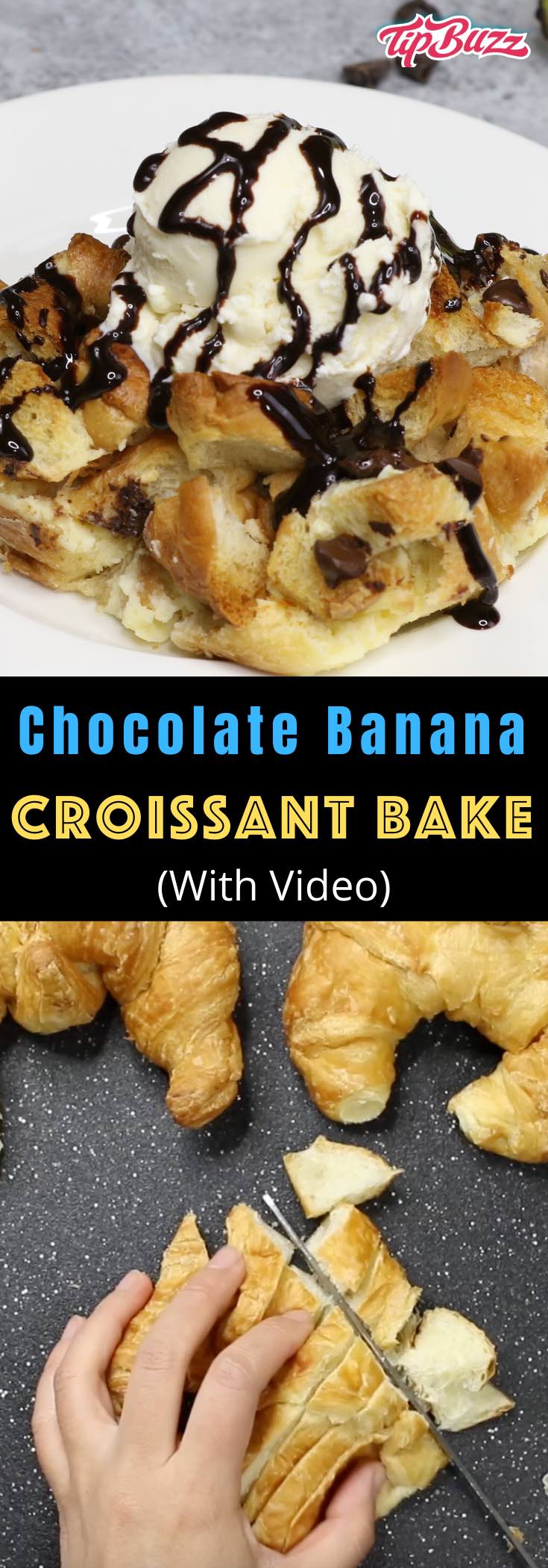 This Chocolate Banana Croissant Bake is a super-yummy variation on the beautiful chocolate banana theme... basically a croissant bread pudding with some chocolate chips and cheesecake mixed in. You could also call it total dessert satisfaction! #bananaBreadPudding