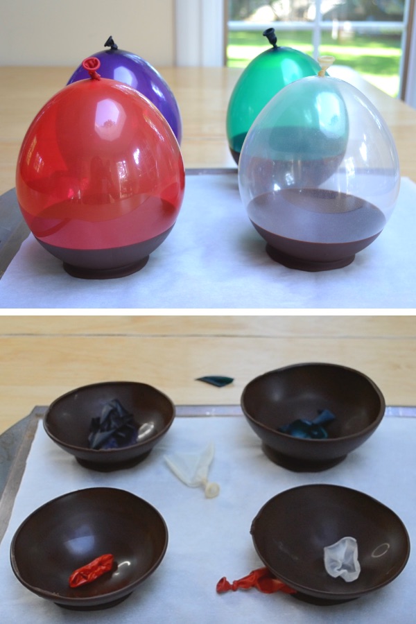 This photo shows homemade chocolate bowls before and after the balloons molding them were popped