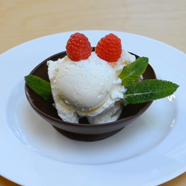 Chocolate bowl with vanilla ice cream and fresh berries for a beautiful dessert presentation