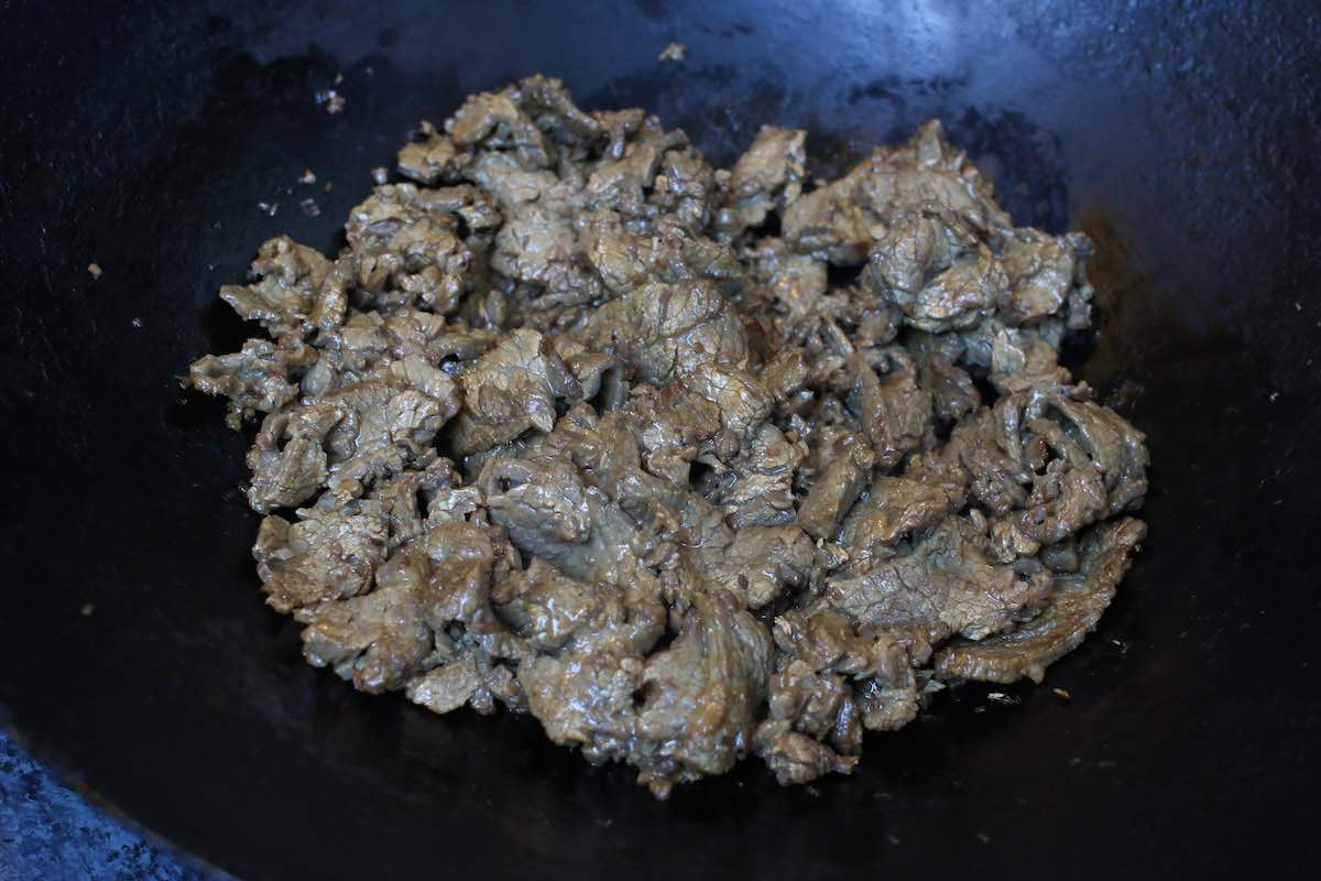 Beef strips after being sautéed in a hot skillet