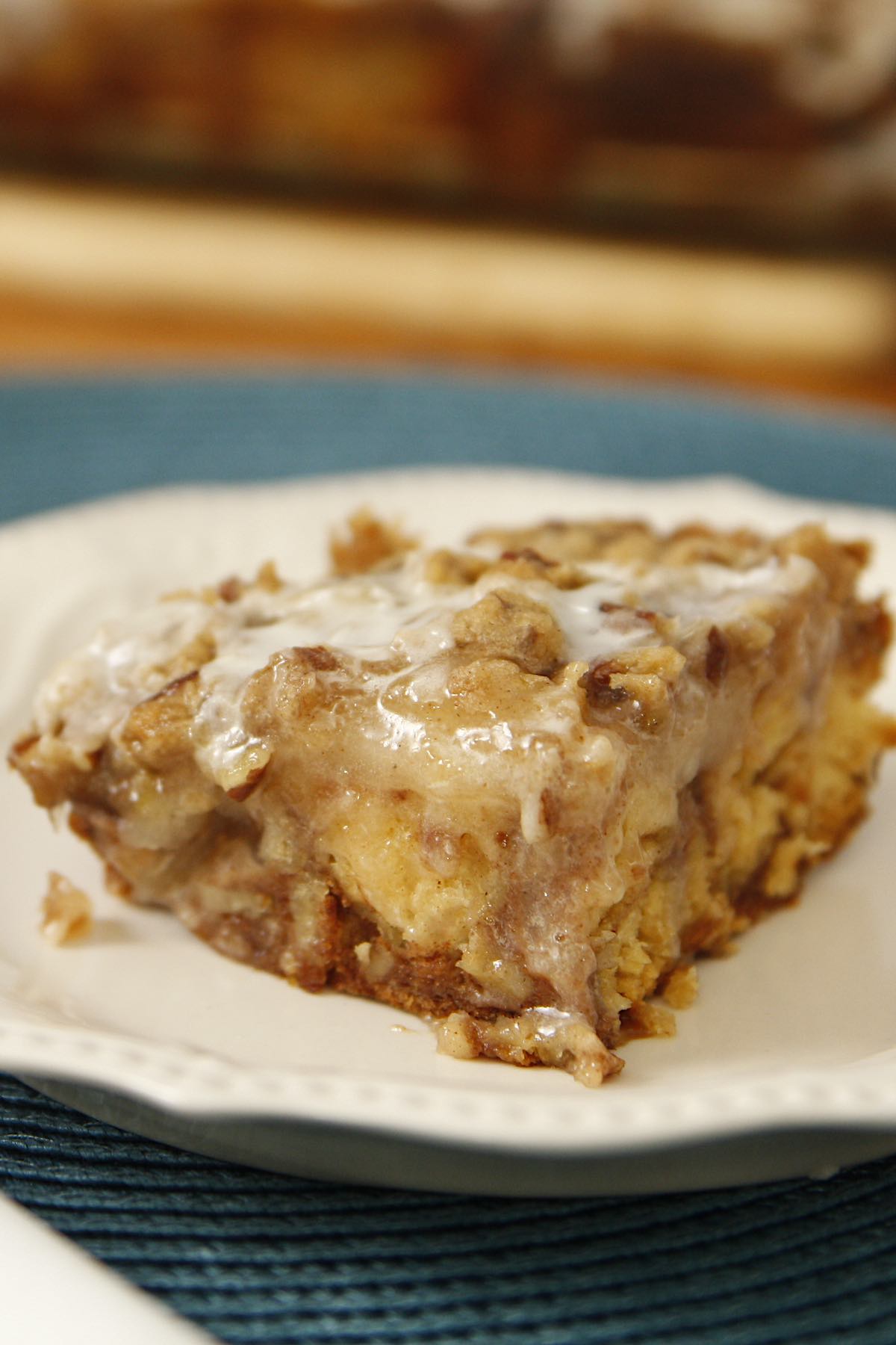 Freshly made Cinnamon Roll Apple Bake on a serving plate