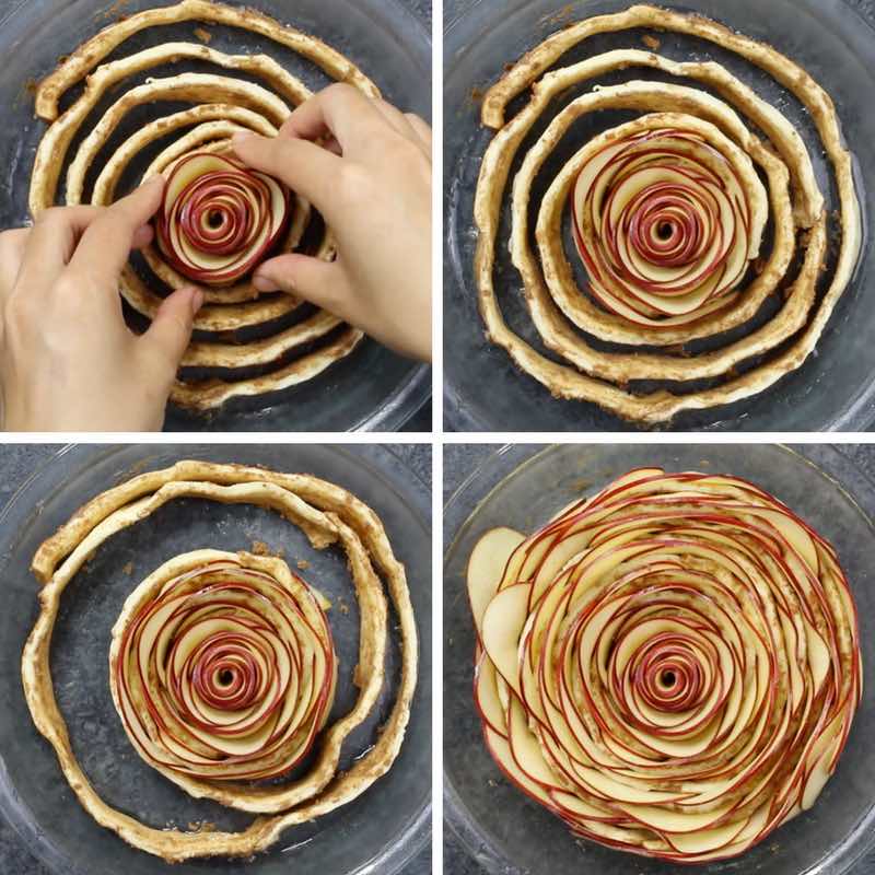 These photos show the process for assembling a beautiful large apple rose pastry using cinnamon roll dough