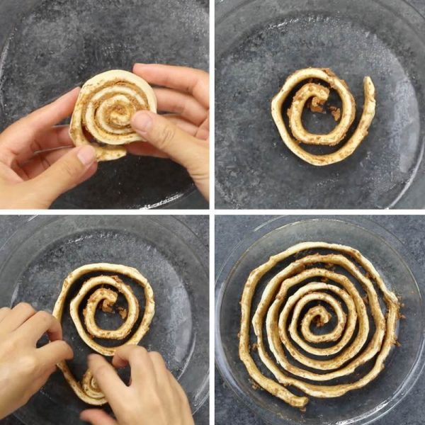 This graphic shows how to make a cinnamon roll spiral for an apple rose pastry tart
