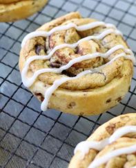Homemade chocolate chip cinnamon rolls with icing on top made with just 3 ingredients