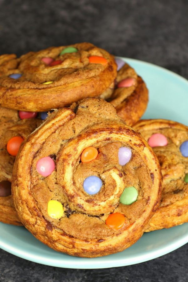 Freshly baked Cinnamon Roll Cookies on a serving plate showing their beautiful round shape and soft texture