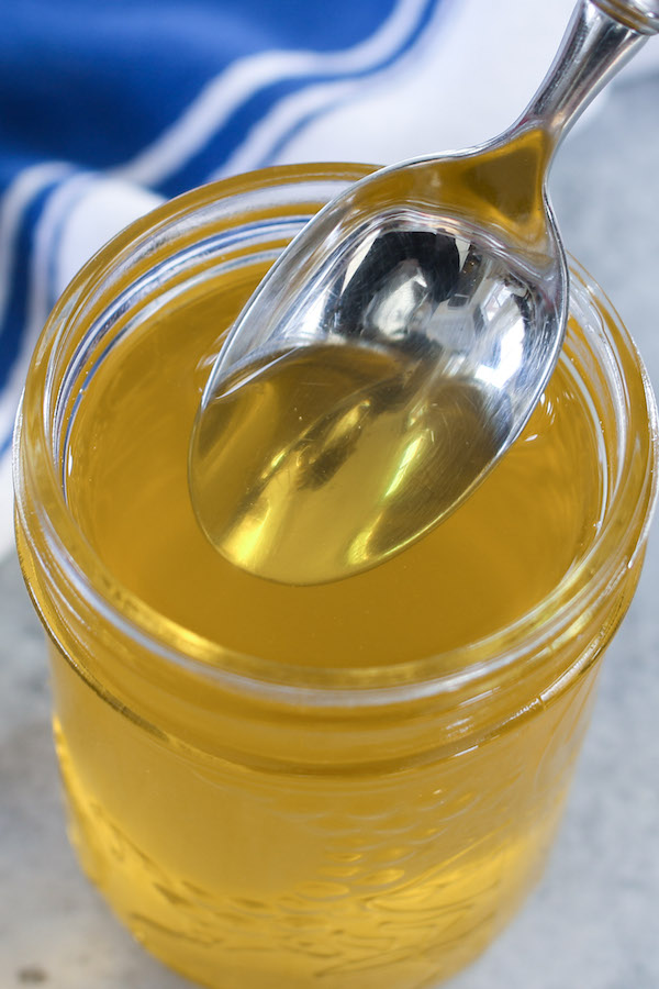 Clarified butter is a clear liquid with a bright yellow color and it's ideal for sautéing, baking without the risk of browning like regular butter 